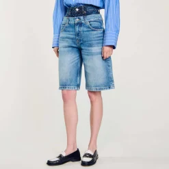 Jupes & Shorts*SANDRO Bermuda En Jean à Double Ceinture Bleu jean