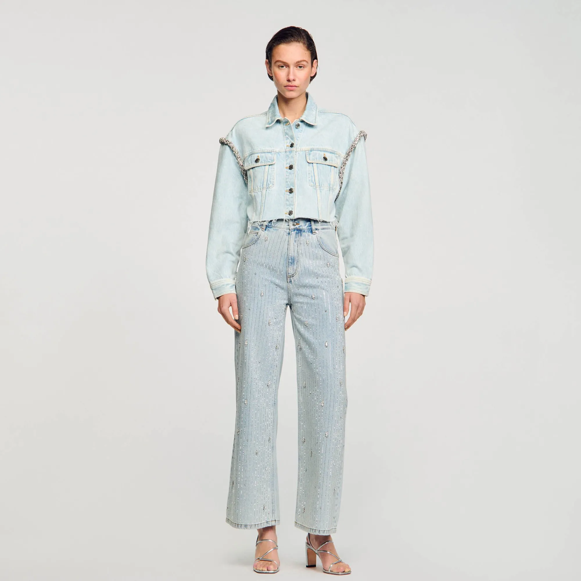 Blousons & Vestes*SANDRO Blouson Court En Denim Bleu jean clair