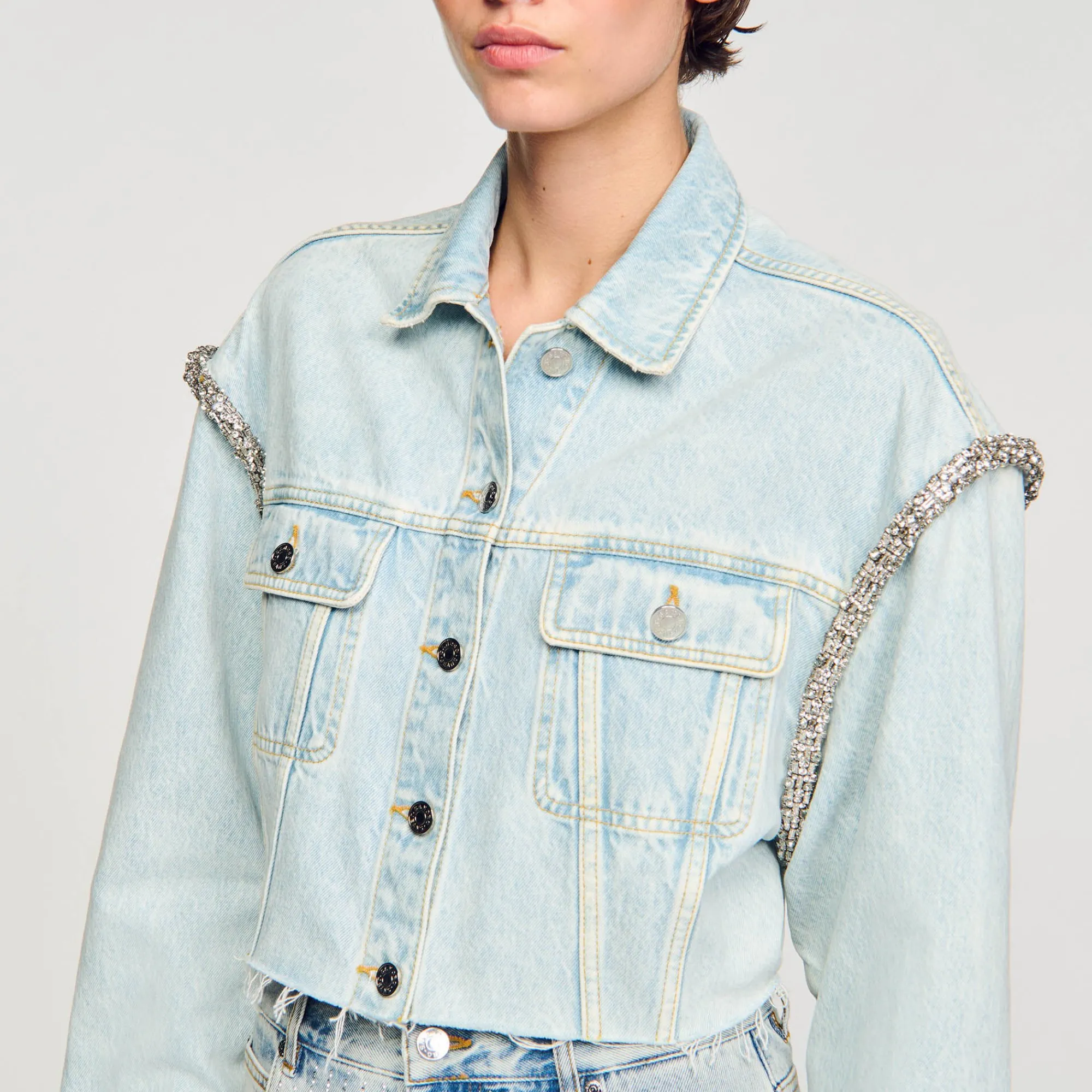 Blousons & Vestes*SANDRO Blouson Court En Denim Bleu jean clair