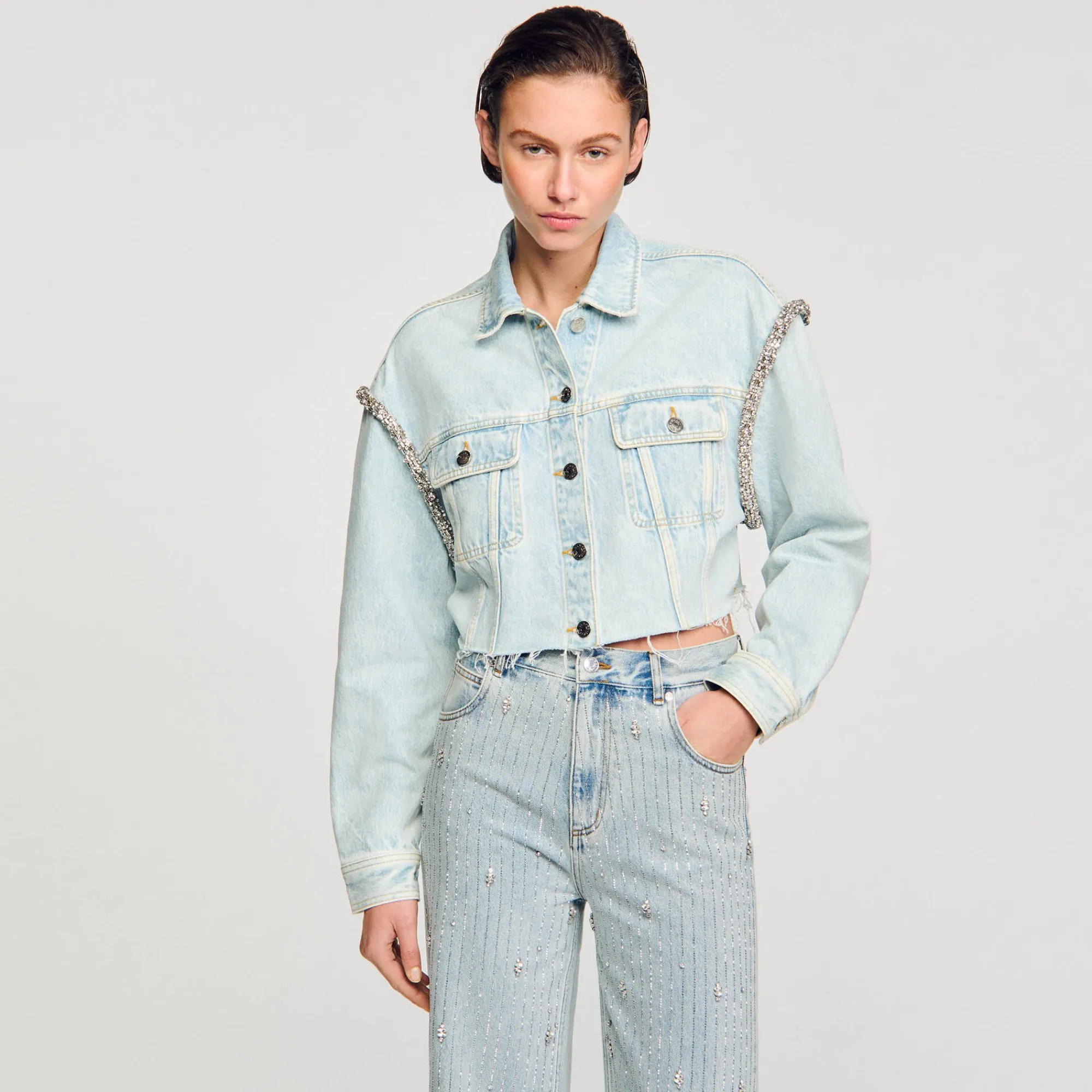 Blousons & Vestes*SANDRO Blouson Court En Denim Bleu jean clair