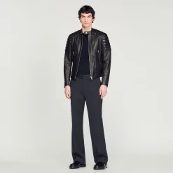 Cuirs|Manteaux & Blousons*SANDRO Blouson En Cuir Finitions Matelassées Noir