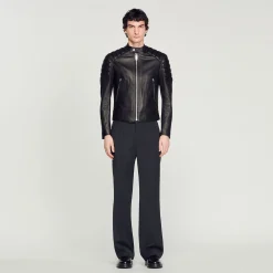 Cuirs|Manteaux & Blousons*SANDRO Blouson En Cuir Finitions Matelassées Noir