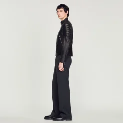 Cuirs|Manteaux & Blousons*SANDRO Blouson En Cuir Finitions Matelassées Noir