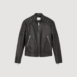 Cuirs|Manteaux & Blousons*SANDRO Blouson En Cuir Finitions Matelassées Noir