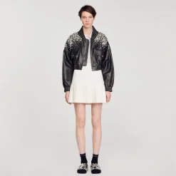 Blousons & Vestes*SANDRO Blouson En Cuir Orné De Cristaux Gris Foncé