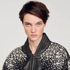 Blousons & Vestes*SANDRO Blouson En Cuir Orné De Cristaux Gris Foncé