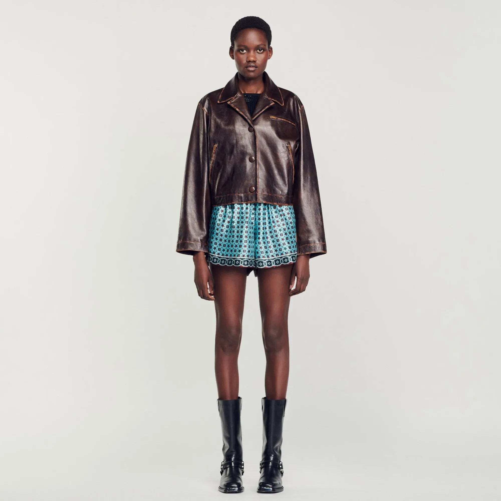 Blousons & Vestes*SANDRO Blouson En Cuir Vieilli Marron Foncé