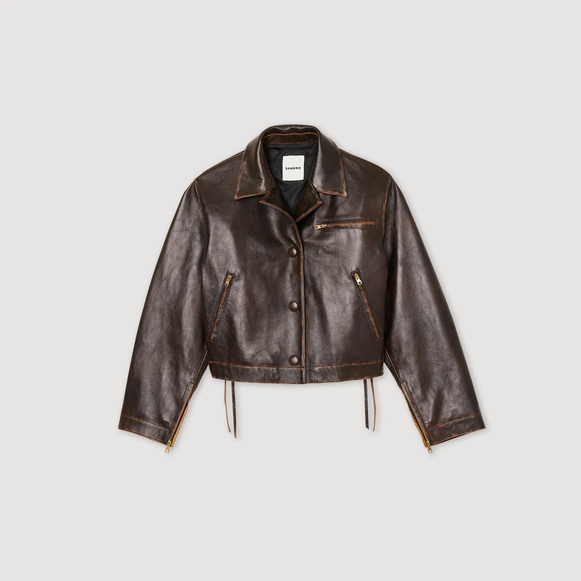 Blousons & Vestes*SANDRO Blouson En Cuir Vieilli Marron Foncé