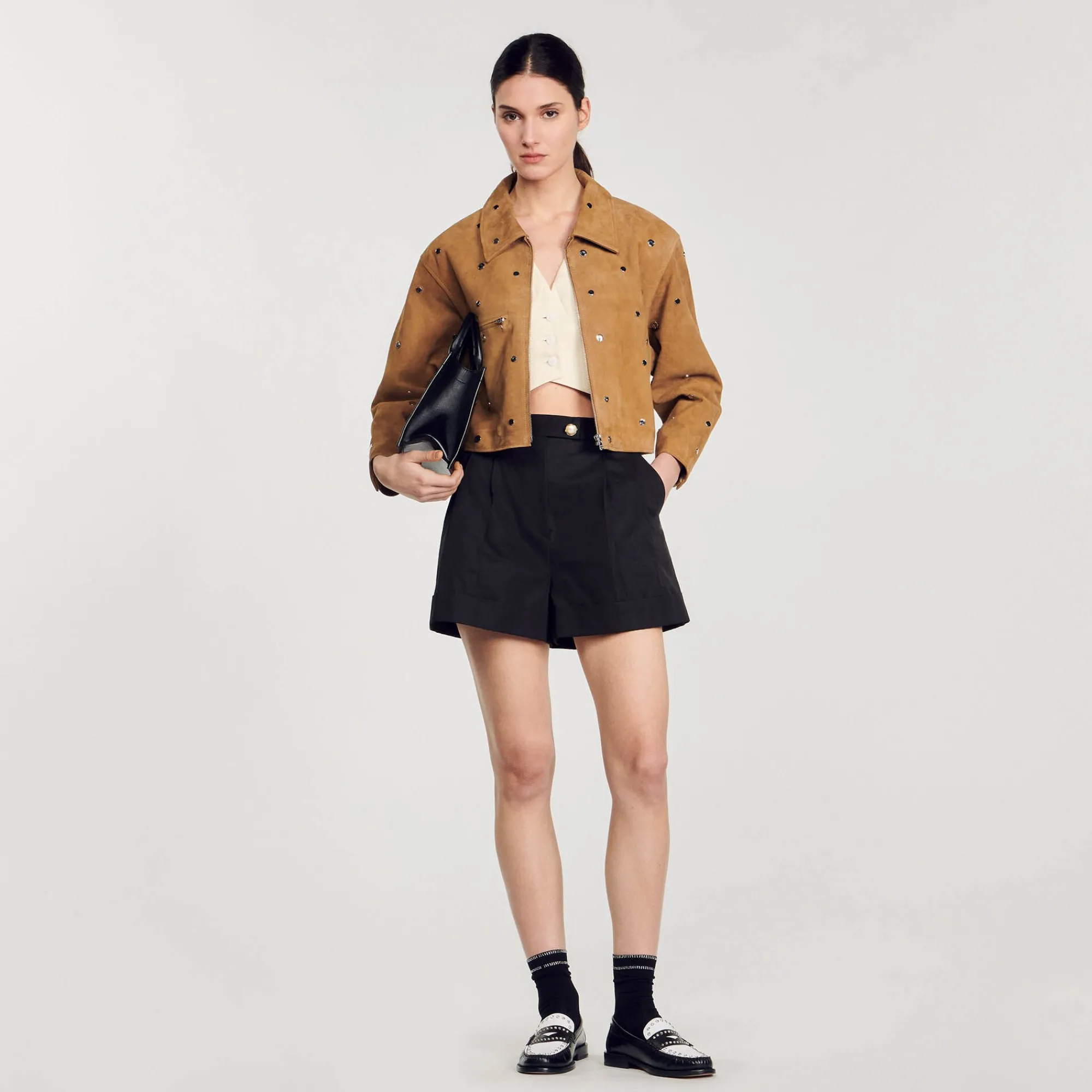 Blousons & Vestes*SANDRO Blouson En Daim Orné De Studs Camel