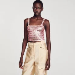 Pulls & Cardigans*SANDRO Brassière Courte Ornée De Perles Rose
