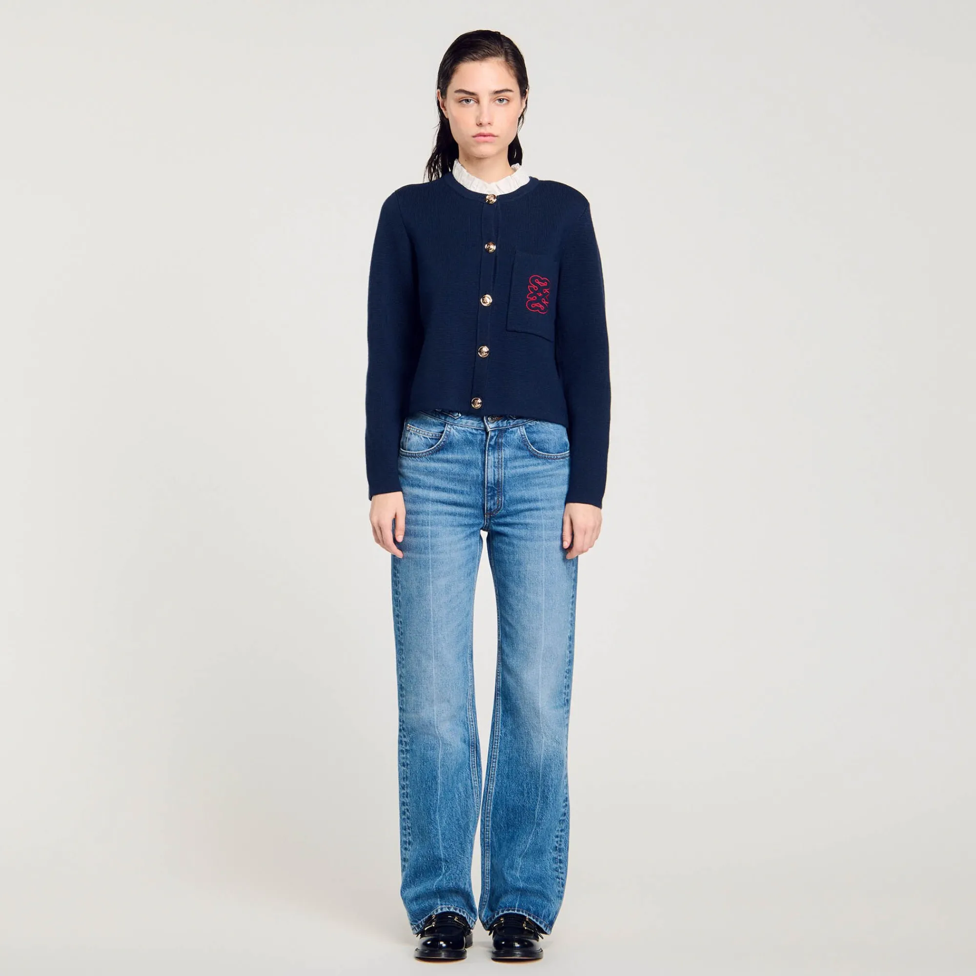 Pulls & Cardigans*SANDRO Cardicoat à Col Volanté Amovible Bleu marine