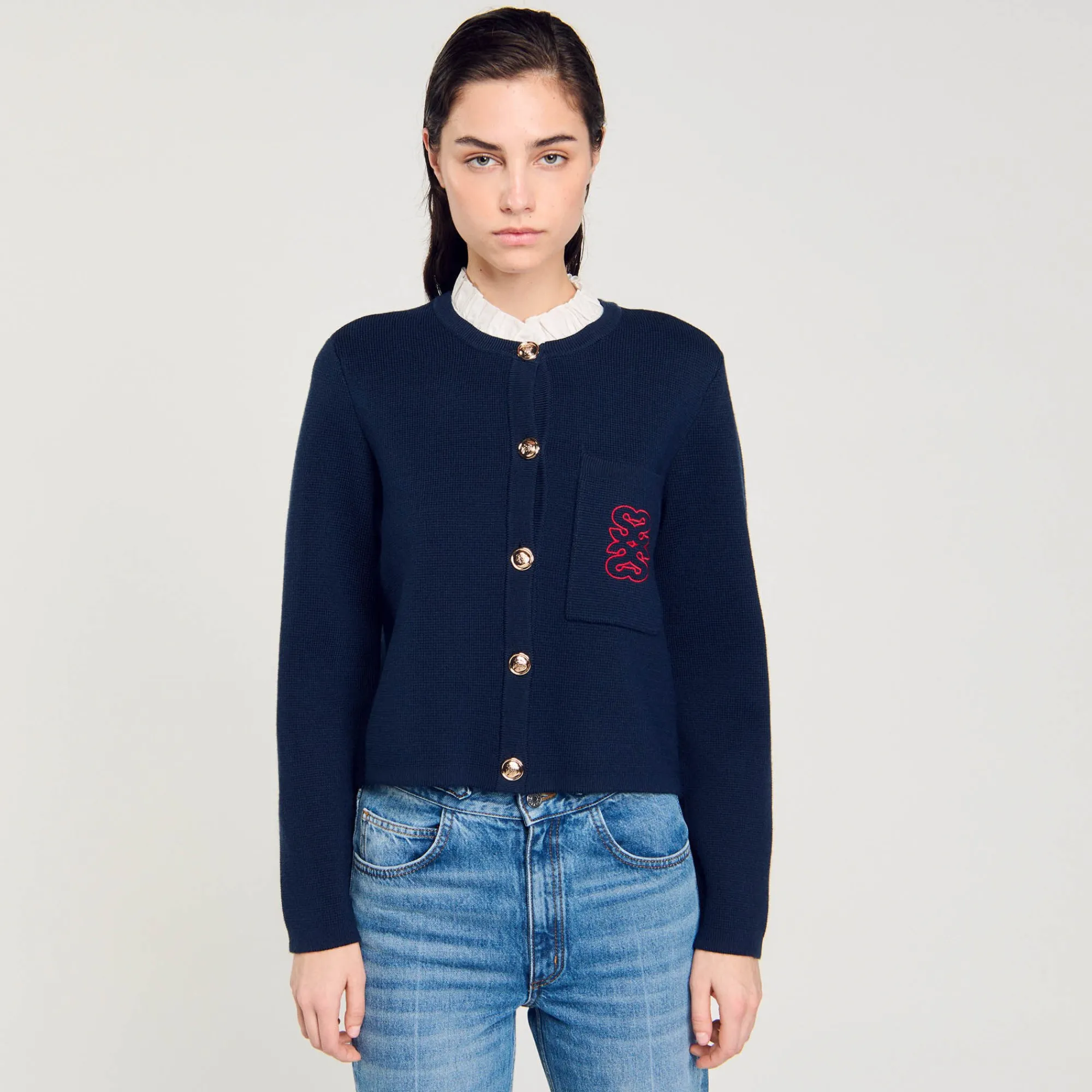 Pulls & Cardigans*SANDRO Cardicoat à Col Volanté Amovible Bleu marine