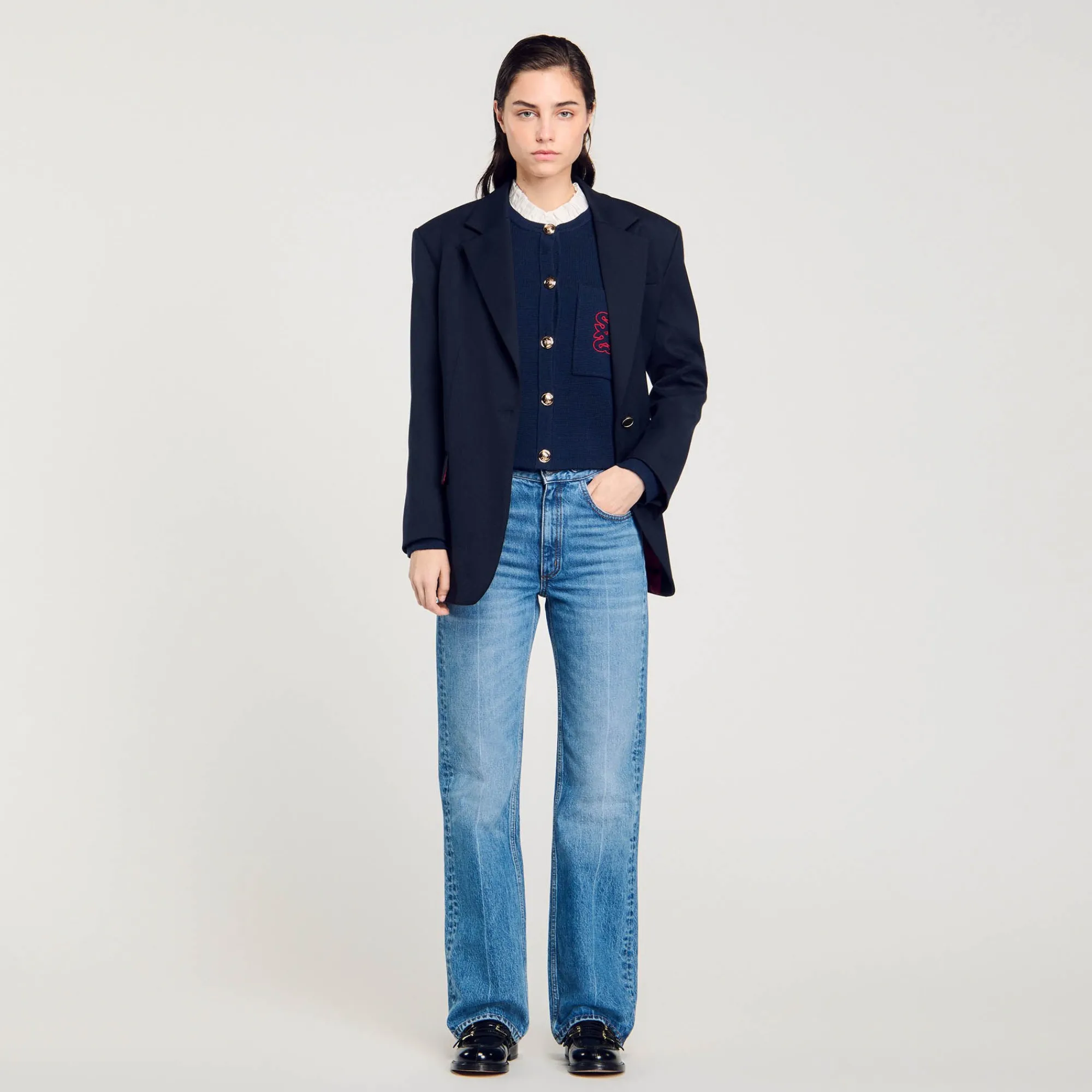 Pulls & Cardigans*SANDRO Cardicoat à Col Volanté Amovible Bleu marine