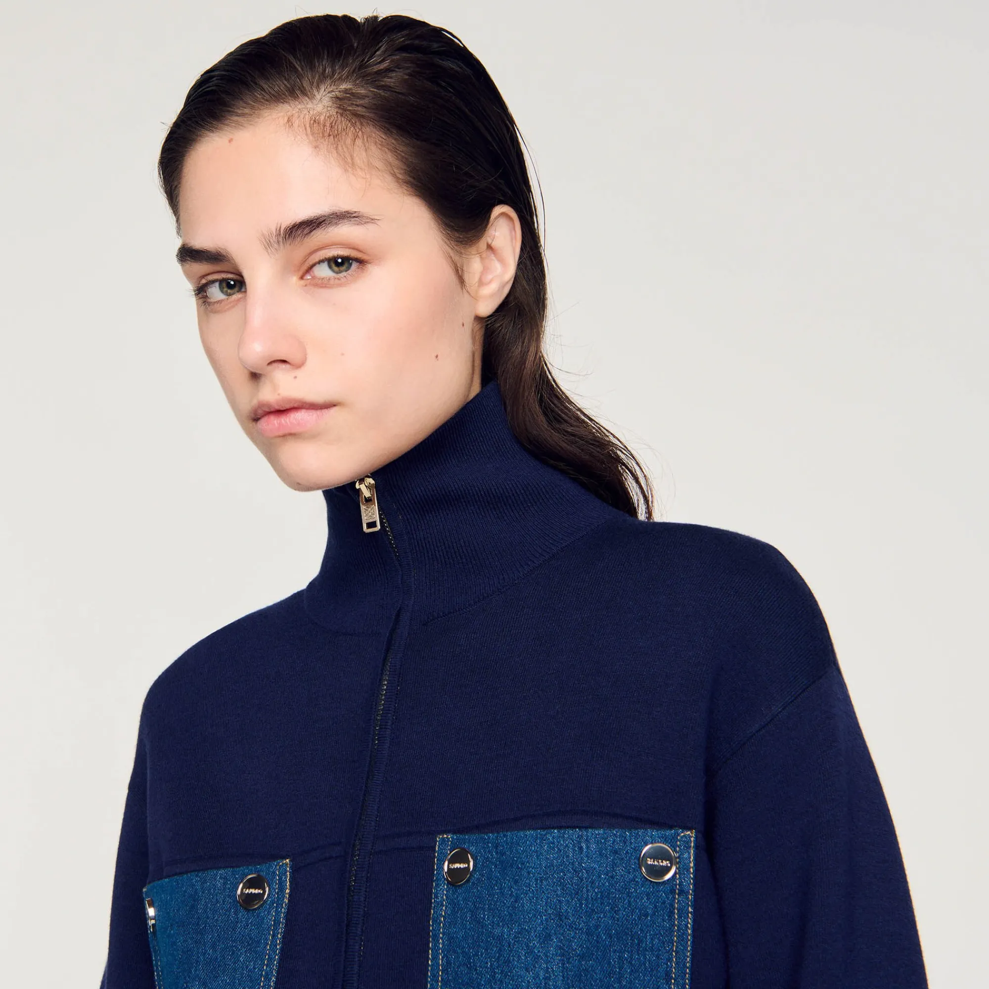 Pulls & Cardigans*SANDRO Cardicoat En Maille Et Denim Bleu