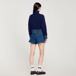 Pulls & Cardigans*SANDRO Cardicoat En Maille Et Denim Bleu