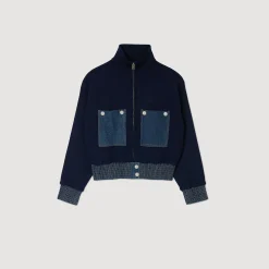 Pulls & Cardigans*SANDRO Cardicoat En Maille Et Denim Bleu