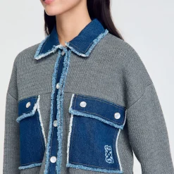 Pulls & Cardigans*SANDRO Cardicoat En Maille Et Jean Gris