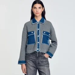 Pulls & Cardigans*SANDRO Cardicoat En Maille Et Jean Gris