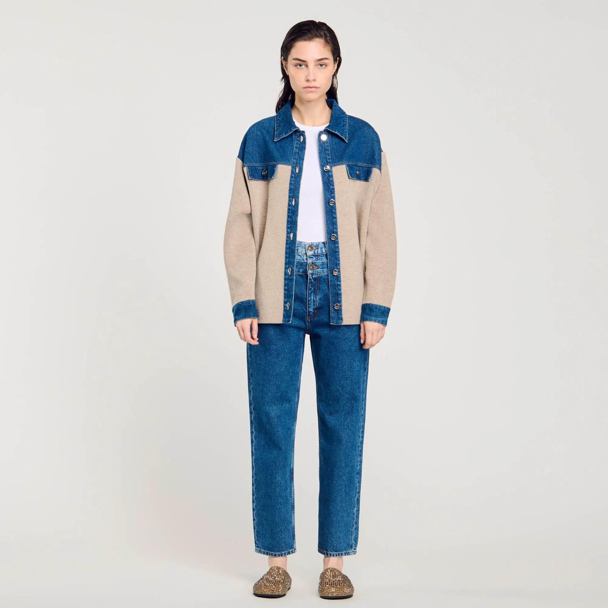 Pulls & Cardigans*SANDRO Cardicoat En Maille Et Jean Beige