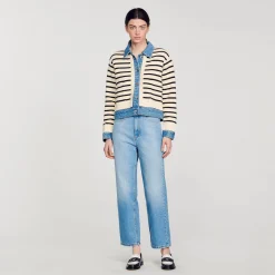 Pulls & Cardigans*SANDRO Cardicoat En Maille Rayée Et Denim Ecru / Noir