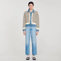 Pulls & Cardigans*SANDRO Cardicoat En Maille Rayée Et Denim Ecru / Noir