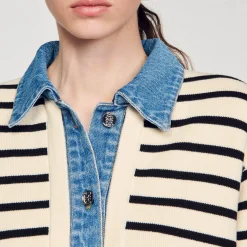 Pulls & Cardigans*SANDRO Cardicoat En Maille Rayée Et Denim Ecru / Noir