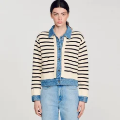 Pulls & Cardigans*SANDRO Cardicoat En Maille Rayée Et Denim Ecru / Noir
