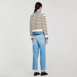 Pulls & Cardigans*SANDRO Cardicoat En Maille Rayée Et Denim Ecru / Noir