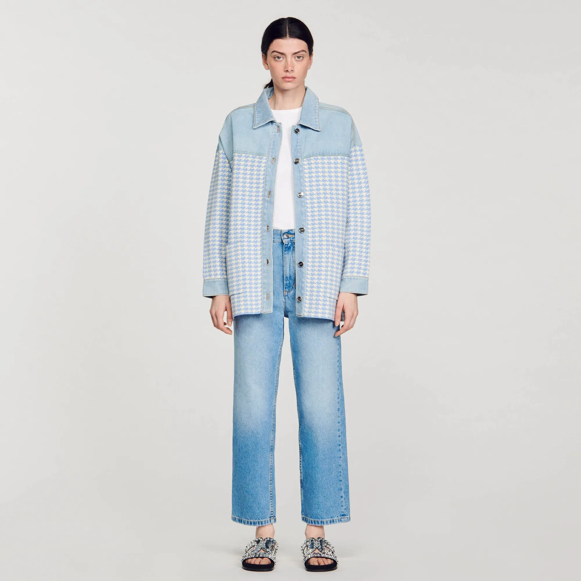 Pulls & Cardigans*SANDRO Cardicoat Pied-de-poule Bleu Ciel