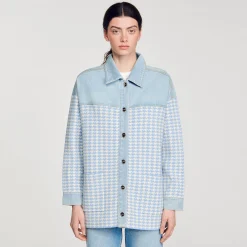 Pulls & Cardigans*SANDRO Cardicoat Pied-de-poule Bleu Ciel