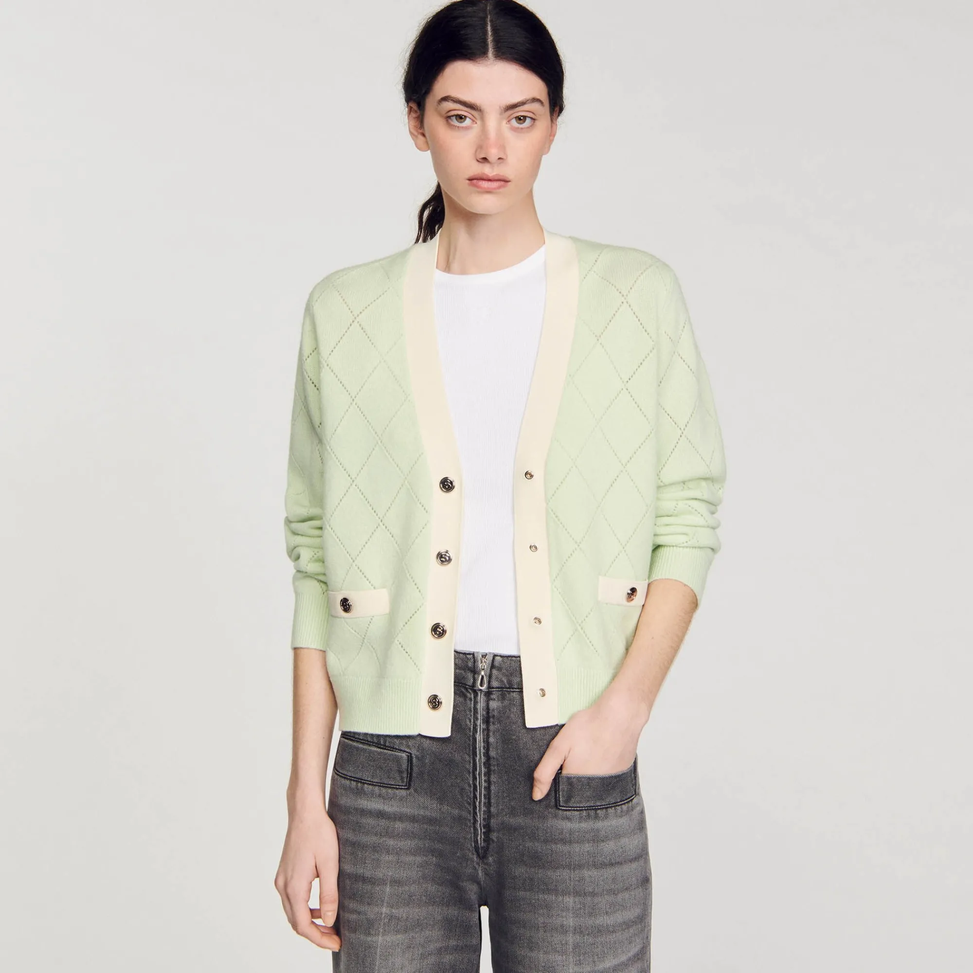 Pulls & Cardigans*SANDRO Cardigan Bicolore Vert Amande