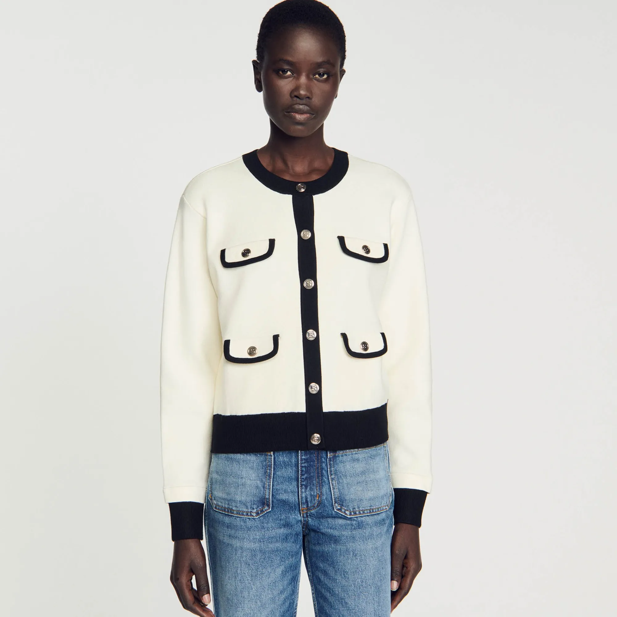 Pulls & Cardigans*SANDRO Cardigan Bicolore à Boutons Ecru