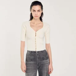 Pulls & Cardigans*SANDRO Cardigan Court Côtelé blanc