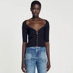Pulls & Cardigans*SANDRO Cardigan Court Côtelé Noir