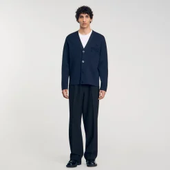 Pulls & Gilets*SANDRO Cardigan Détail Fleur Bleu Prusse