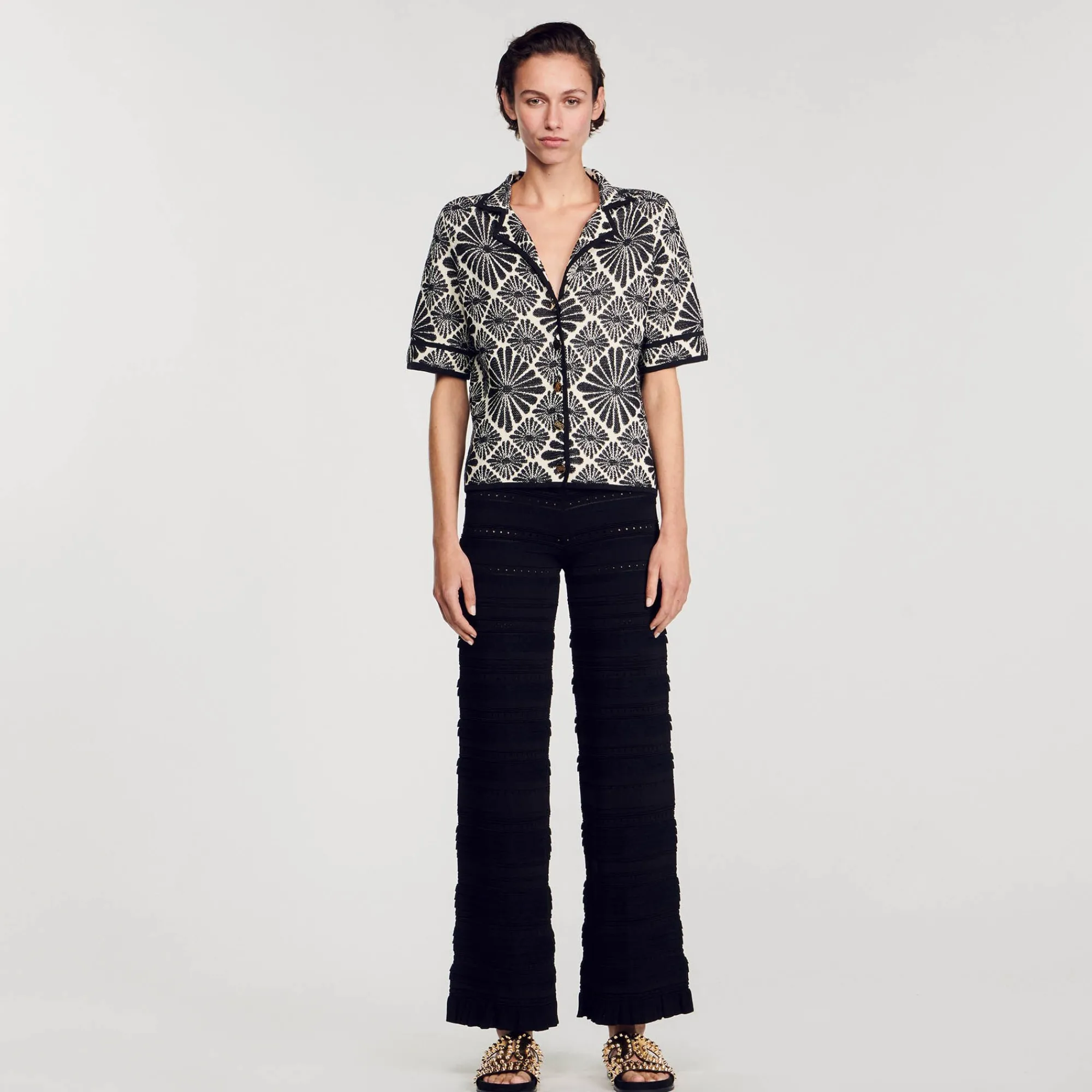 Ensembles|Pulls & Cardigans*SANDRO Cardigan Jacquard Fleurs Ecru / Noir