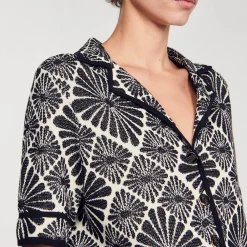 Ensembles|Pulls & Cardigans*SANDRO Cardigan Jacquard Fleurs Ecru / Noir