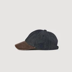 Casquettes & Bobs*SANDRO Casquette En Denim Et Cuir Bleu brut