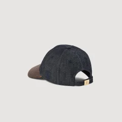 Casquettes & Bobs*SANDRO Casquette En Denim Et Cuir Bleu brut
