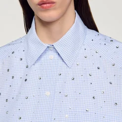 Tops & Chemises*SANDRO Chemise à Carreaux Ornée De Studs Bleu Ciel
