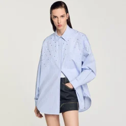 Tops & Chemises*SANDRO Chemise à Carreaux Ornée De Studs Bleu Ciel