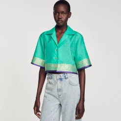 Tops & Chemises*SANDRO Chemise Courte Jacquard Strass Bleu Vert