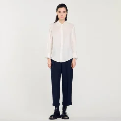 Tops & Chemises*SANDRO Chemise En Soie Avec Col Bordé De Plissé Ecru