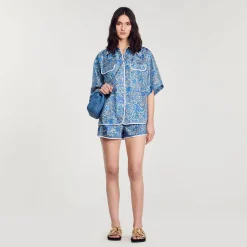 Ensembles|Tops & Chemises*SANDRO Chemise Large En Soie à Imprimé Fleuri Bleu / Blanc
