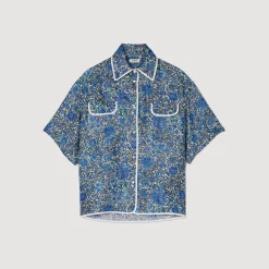 Ensembles|Tops & Chemises*SANDRO Chemise Large En Soie à Imprimé Fleuri Bleu / Blanc
