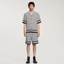 Chemises*SANDRO Chemise Manches Courtes Square Cross Ecru / Marine
