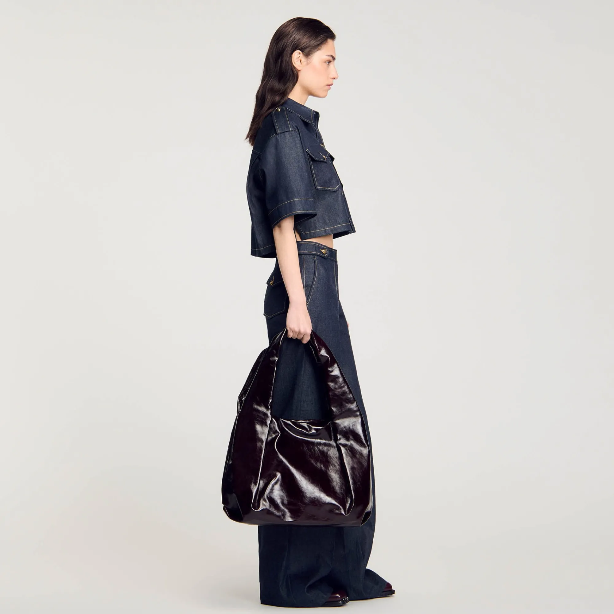 Sacs Cabas|Sacs Porté Épaule*SANDRO Grand Sac En Cuir Brillant Bordeaux