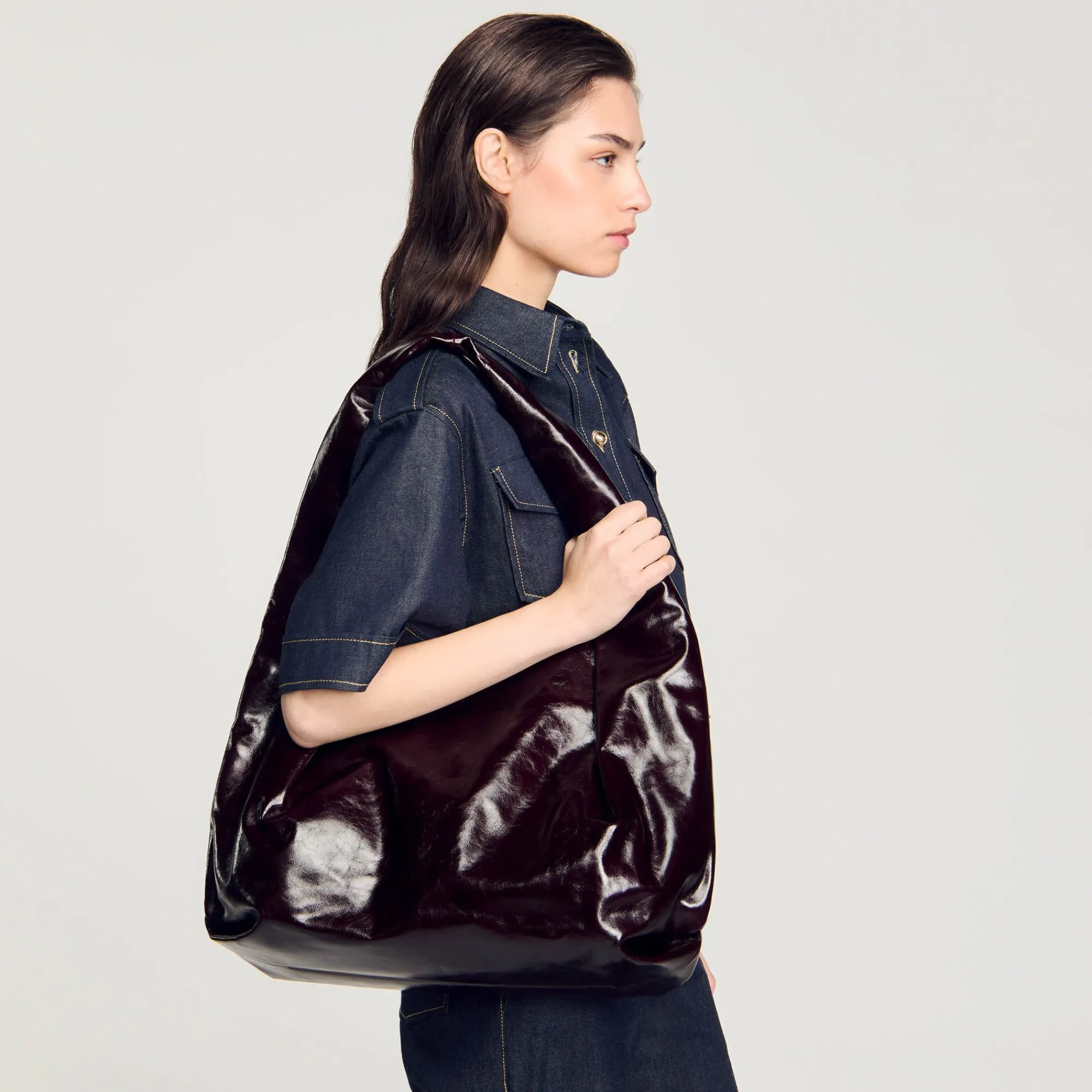 Sacs Cabas|Sacs Porté Épaule*SANDRO Grand Sac En Cuir Brillant Bordeaux