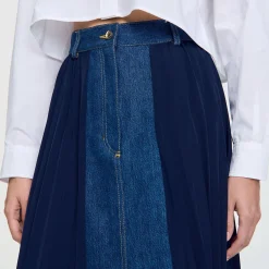 Jupes & Shorts*SANDRO Jupe Bimatière Denim Et Plissée Marine