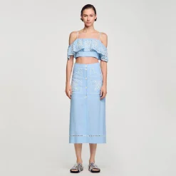 Jupes & Shorts*SANDRO Jupe Longue Brodée Bleu Ciel
